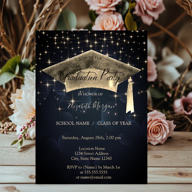 Gold Graduation Cap,Stars Dark Blue Graduation Invitation (Creator Uploaded)