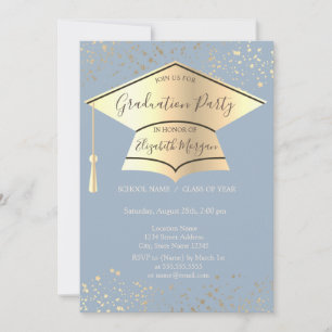 Gold Graduation Cap,Stars Dusty Blue Graduation Invitation