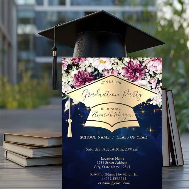 Gold Graduation Cap,Stars,Flowers Blue Graduation  Invitation (Creator Uploaded)