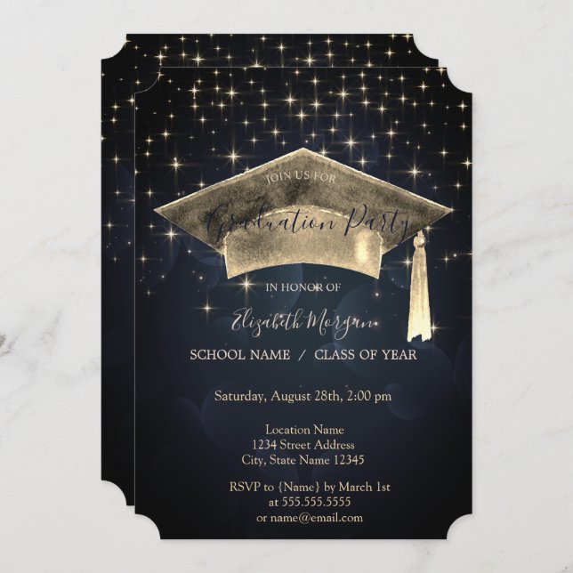 Gold Graduation Cap,Stars Graduation  Invitation (Front/Back)