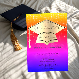 Gold Graduation Cap,Stars Ombre Graduation Invitation