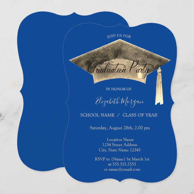 Gold Graduation Cap Tassel Blue Graduation  Invitation (Front/Back)