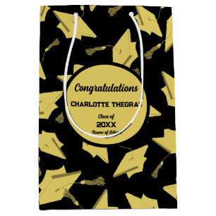 Gold Graduation Caps in the Air on Black Fun Party Medium Gift Bag