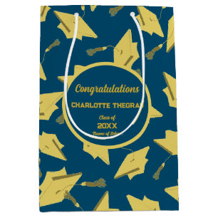 Gold Graduation Caps in the Air on Blue Fun Party Medium Gift Bag