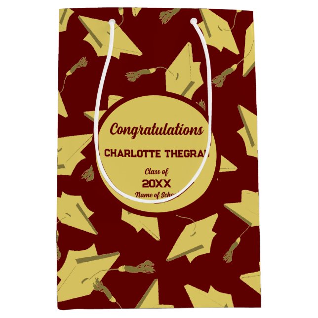Gold Graduation Caps in the Air on Maroon Party Medium Gift Bag (Front)