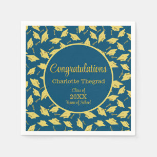 Gold Graduation Caps Tossed on Blue Personalised Napkin