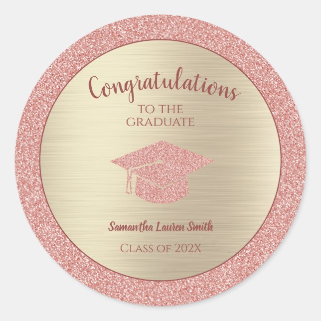Gold Graduation Congrats Graduate Pink Glitter Classic Round Sticker (Front)