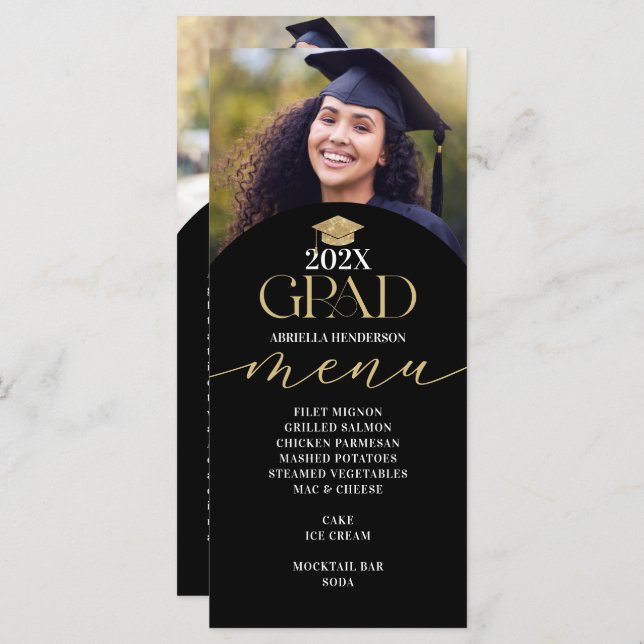 Gold Graduation Dinner Menu Card (Front/Back)