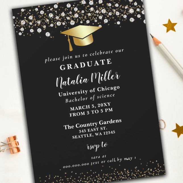 Gold  Graduation Hat Glitter Rhinestone Graduation Invitation (Creator Uploaded)