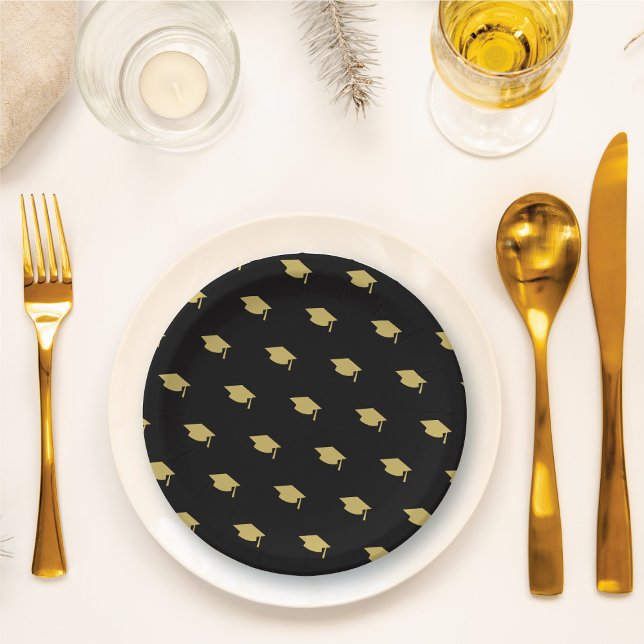 Gold Graduation Hat On Black Modern Grad Party Paper Plate (Gold Graduation Hat / Cap On Black (color is customizable) Modern Grad Party Paper Plates @ fatfatin)