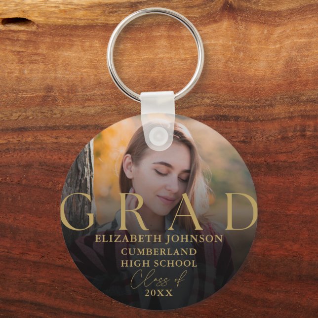 Gold Graduation Modern Elegant Photo Grad Key Ring (Front)