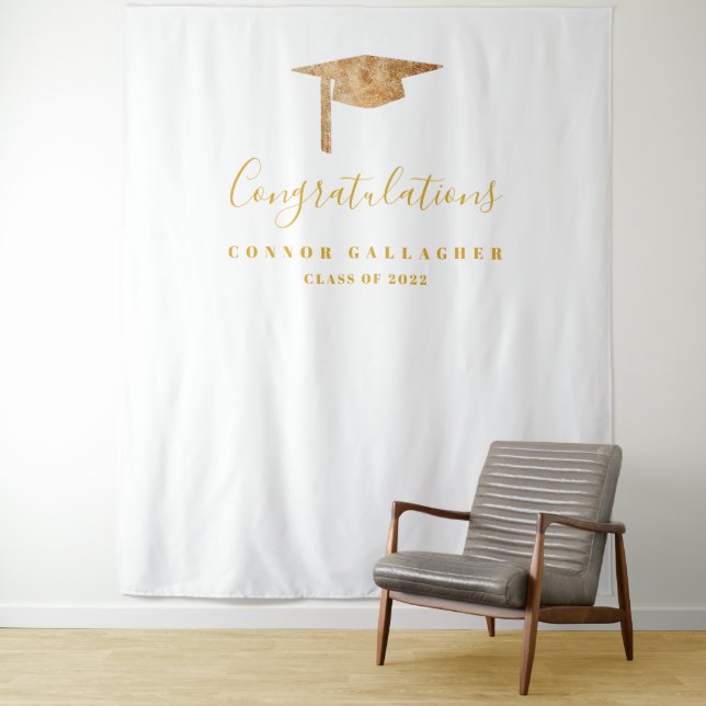 Gold Graduation Party Backdrop, Photo Booth Prop Tapestry (In Situ)