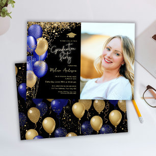 Gold Graduation Party Navy Blue balloons Invitation