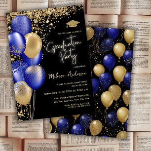 Gold Graduation Party Navy Blue balloons Invitation