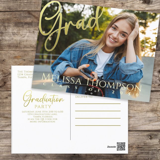 Gold Graduation Photo Script Template Postcard (Graduation gold calligraphy script with full bleed photo template postcard. )