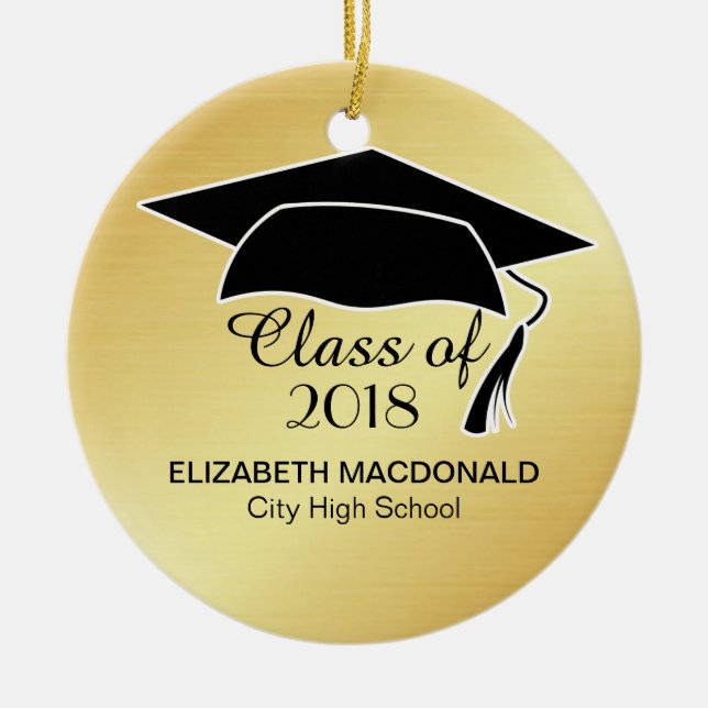 Gold Graduation Sticker Black Mortar Board & Text Ceramic Ornament (Front)