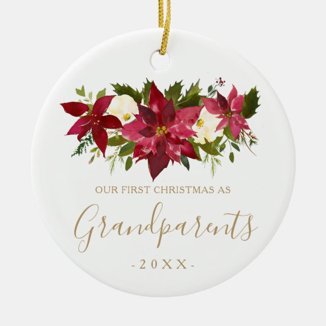 Gold Grandparents First Christmas Photo Poinsettia Ceramic Ornament (Front)
