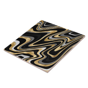 Gold Gray Abstract Swirl Retro Black Pattern Ceramic Tile