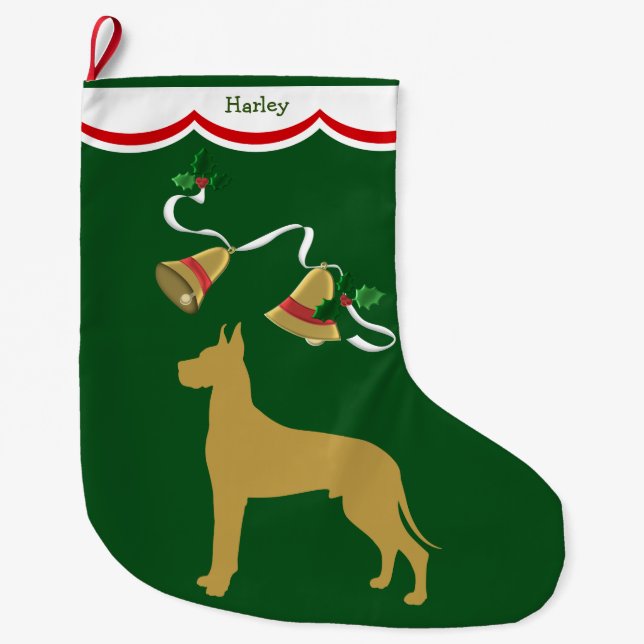 Gold Great Dane Holiday Bells Large Christmas Stocking (Front)