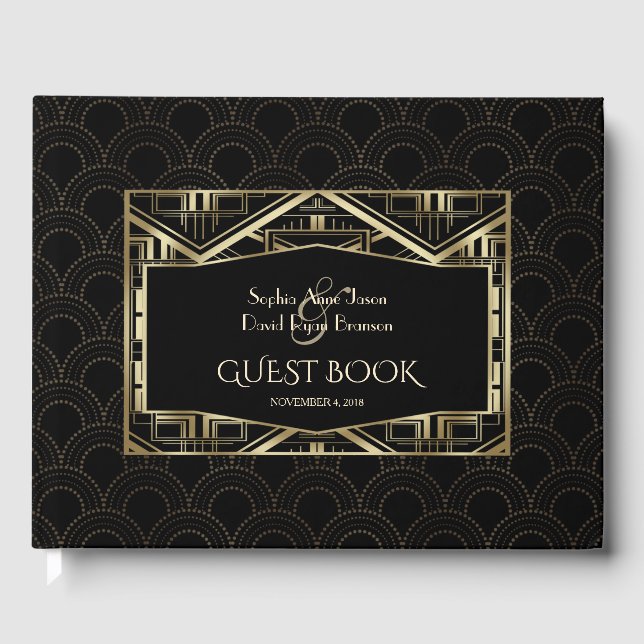Gold Great Gatsby Art Deco Style Wedding Guest Book (Front)
