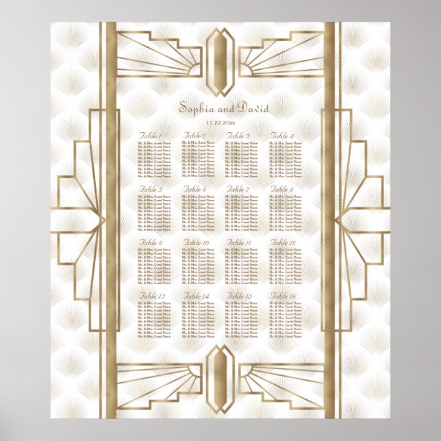 Gold Great Gatsby Art Deco Wedding Seating Chart (Front)