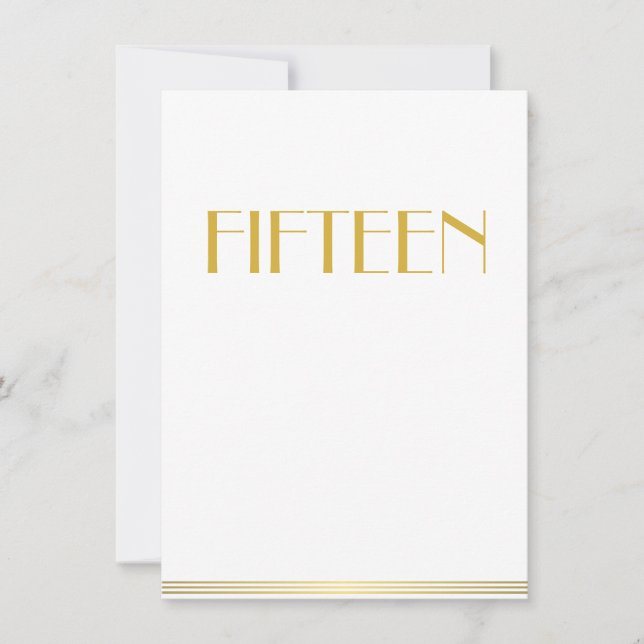 Gold Great Gatsby Wedding Table Cards Fifteen (Front)