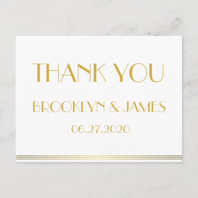 Gold Great Gatsby Wedding Thank You Postcards (Front)