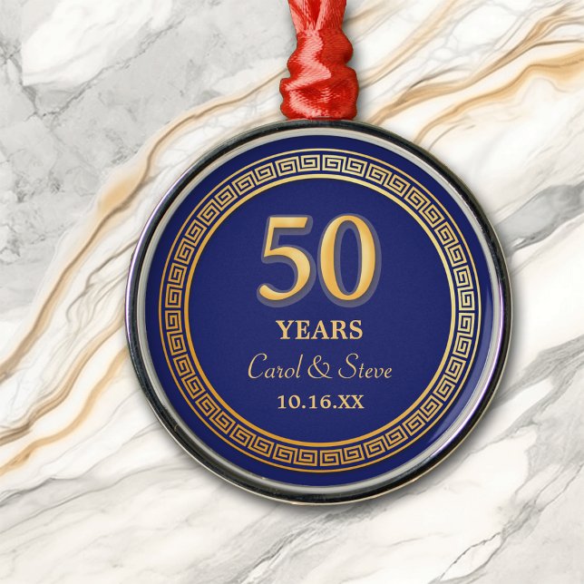 Gold Greek Key Frame Blue 50th Anniversary Metal Ornament (Creator Uploaded)