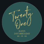 Gold & Green 21st Birthday Party Favour Thank you Classic Round Sticker<br><div class="desc">This simple custom thank you sticker will add stylish detail to your special day. This design features modern gold script lettering " Twenty One" with custom text on a green background. Matching 21st birthday invitations and party supplies are available in my shop BaraBomDesign.</div>