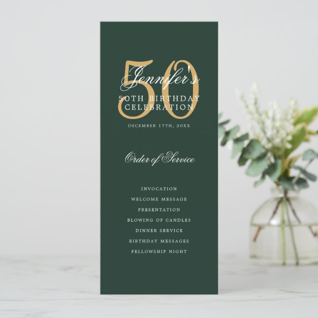 Gold Green 50th Birthday Party Program w/ Menu (Standing Front)