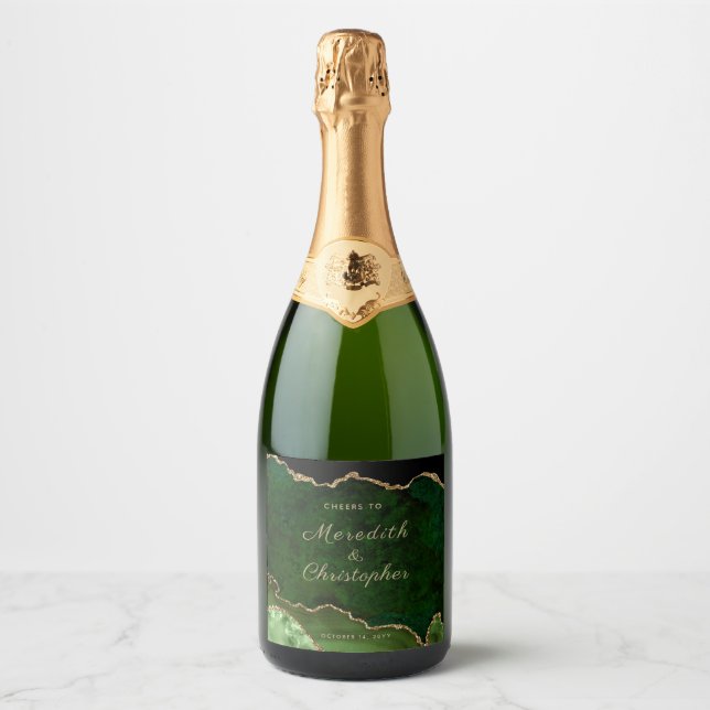 Gold Green Agate Wedding Sparkling Wine Label (Front)