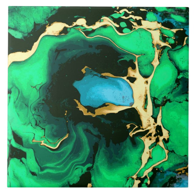 Gold green and black Marble acrylic paint art Tile (Front)