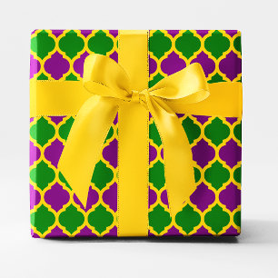 Gold Green and Purple Mardi Gras Quatrefoil Wrapping Paper