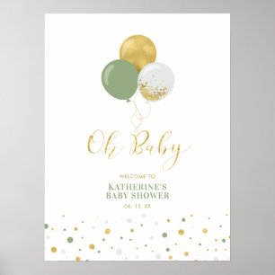Gold & Green Balloons Boy Baby Shower Welcome Poster