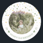 Gold & Green Balloons | Boy Birthday Party Photo Classic Round Sticker<br><div class="desc">This cute gold & sage green kids' birthday sticker features cute confetti with a photo template. A perfect addition to party favours for a children's birthday or any other event. Matching invitations and party supplies are available at my shop BaraBomDesign.</div>