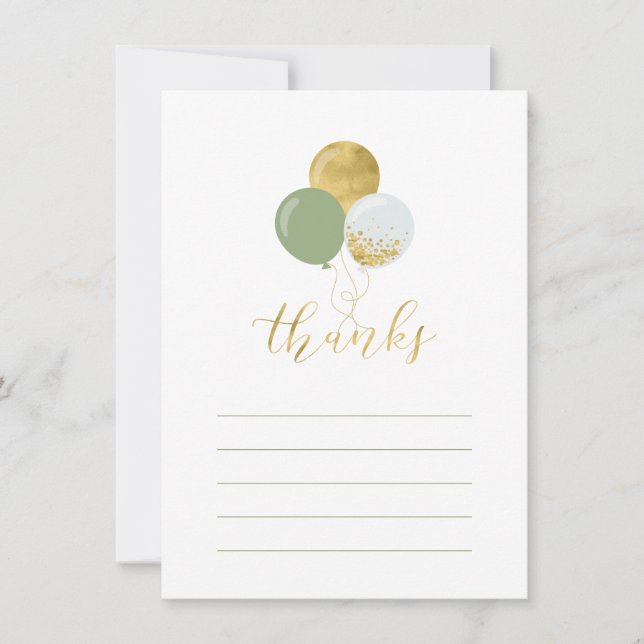 Gold & Green Balloons | Party Thank You Note Card (Front)