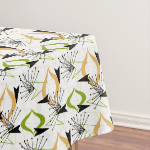 Gold, Green, Black on White Atomic Fifties   Retro Tablecloth