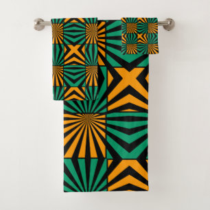 Gold Green Black Square Geometric Pattern Bath Towel Set