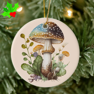 Gold Green Blue Woodland Mushroom Cottagecore Ceramic Ornament