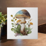 Gold Green Blue Woodland Mushroom Cottagecore Ceramic Tile<br><div class="desc">Add the charm and whimsy of the popular Cottagecore aesthetic to your home with this beautiful watercolor woodland mushrooms ceramic tile. In earthy neutral tones of gold, brown, green and blue, the motif will add a cosy feel to your kitchen backsplash or counter, bathroom, fireplace or other tiled space. Also...</div>
