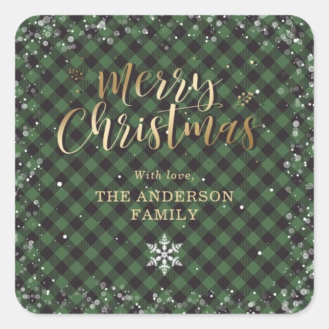 Gold Green Buffalo Plaid Snowflake Christmas Square Sticker (Front)