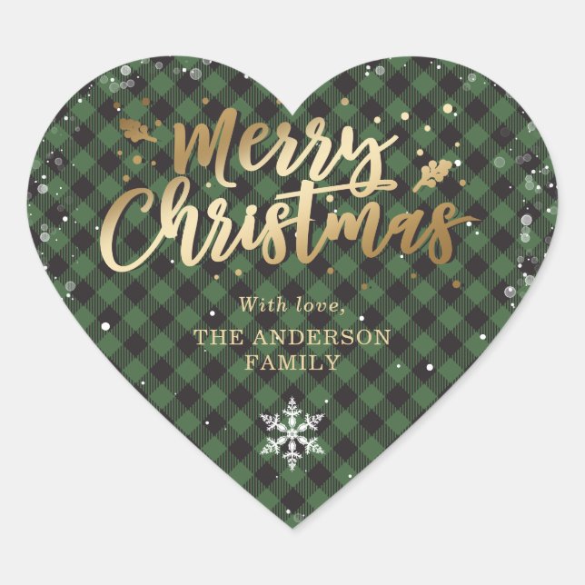 Gold Green Buffalo Plaid Snowflake Merry Christmas Heart Sticker (Front)