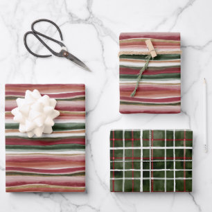 Gold Green Burgundy Blush Red Stripes Birthday Wrapping Paper Sheet