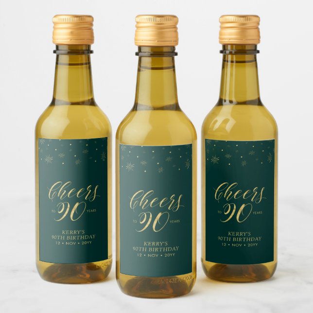 Gold & Green Cheers 90 years, 90th Birthday Party Wine Label (Bottles)