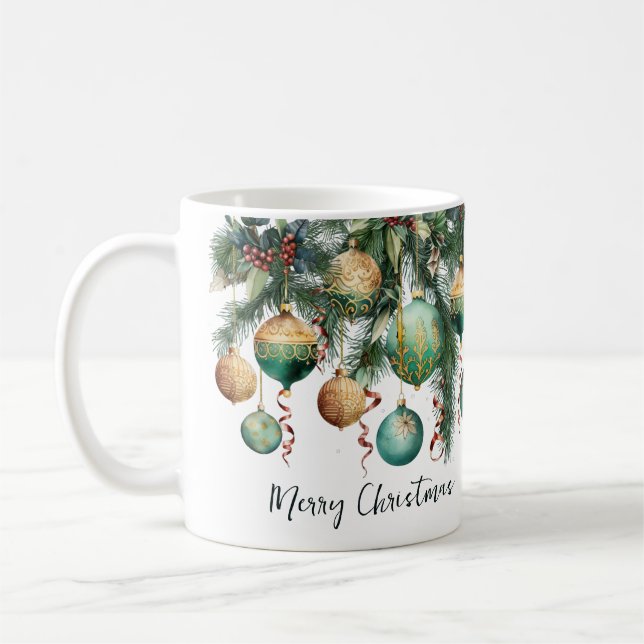 Gold Green Christmas Ornaments Coffee Mug (Left)