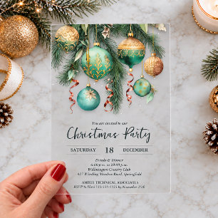 Gold Green Christmas Ornaments Party Acrylic Invitations