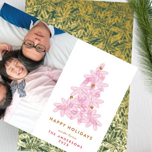 Gold & Green Christmas Pine Needles Photo Back Foil Holiday Card