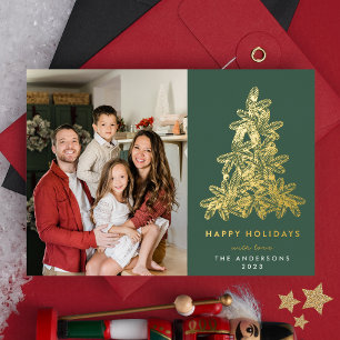 Gold & Green Christmas Pine Tree Photo Foil Holiday Card