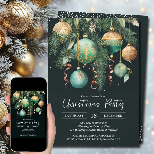 Gold Green Christmas Tree Ornaments Party Invitation (Gold and green Christmas tree ornaments party invitations, PRINTED and/or INSTANT DOWNLOAD)