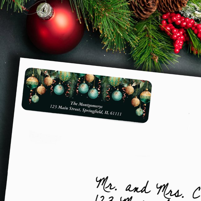 Gold Green Christmas Tree Ornaments Return Address Label (Gold and Green Christmas Tree Ornaments Return Address Labels)